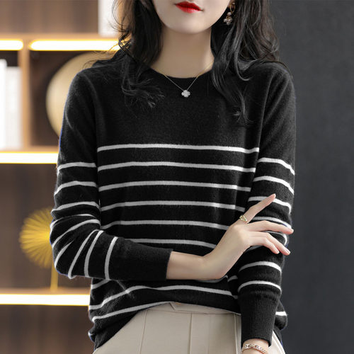 100%纯棉针织衫女2022早春新款上衣宽松条纹圆领套头薄款打底毛衣 - 图2