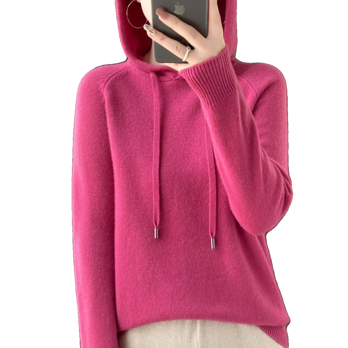 100澳洲纯羊绒针织连帽卫衣女加厚羊绒衫连帽宽松外套大码打底毛 - 图3