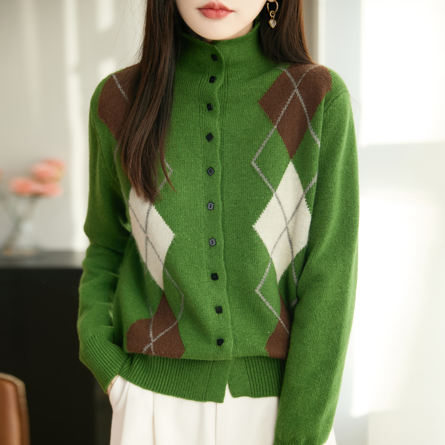 法式菱格纹提花针织开衫女2025新款加厚保暖打底衫时尚百搭上衣 - 图2