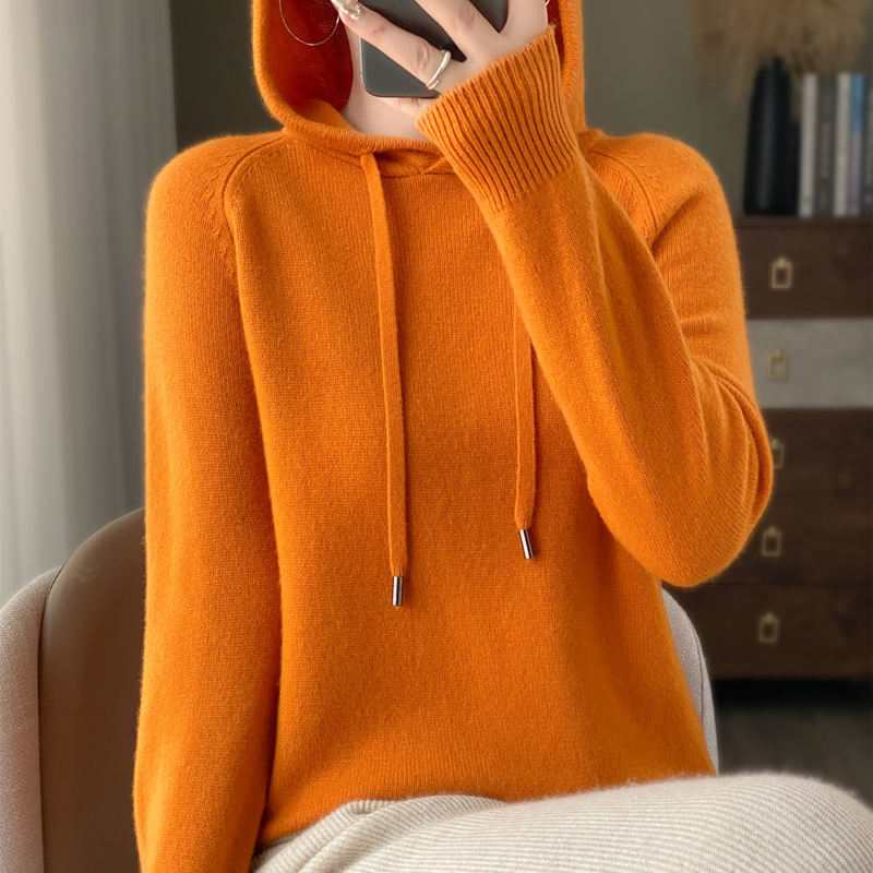 100澳洲纯羊绒针织连帽卫衣女加厚羊绒衫连帽宽松外套大码打底毛 - 图0