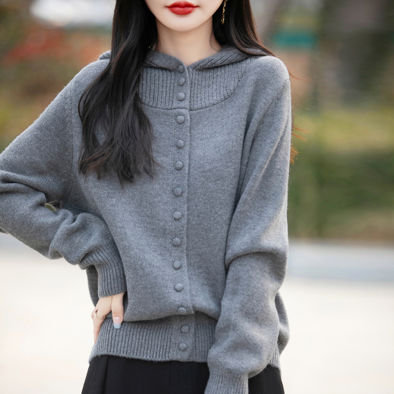 欧货连帽浅米色羊毛长袖针织开衫毛衣女2025春季新款减龄休闲上衣 - 图1