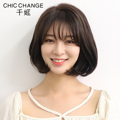 千姬假发女短发真发全头套式短发波波头圆脸自然真发套 - 图0