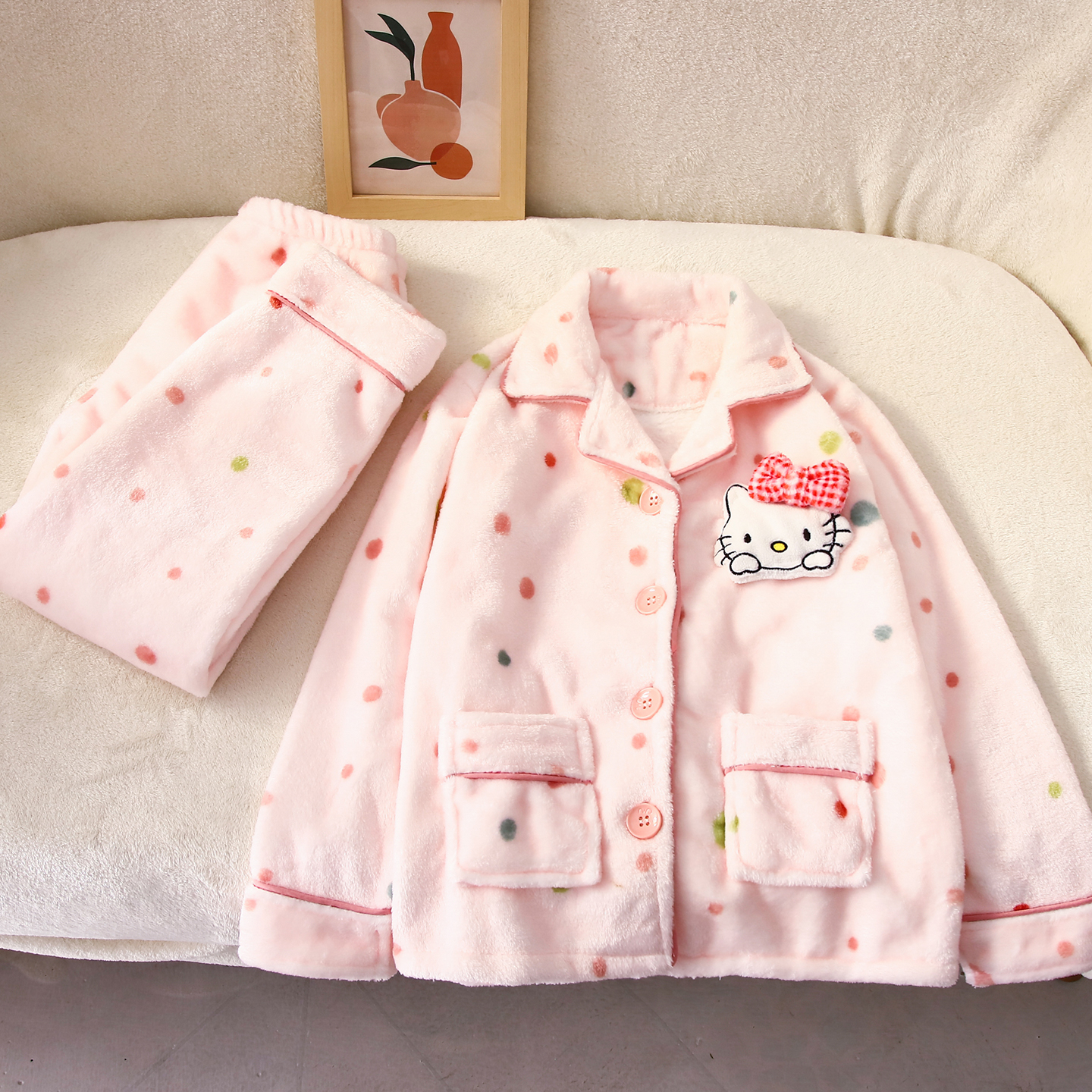 chiikawa小八女童法兰绒睡衣冬季加厚珊瑚绒可爱女孩初中生家居服 - 图1