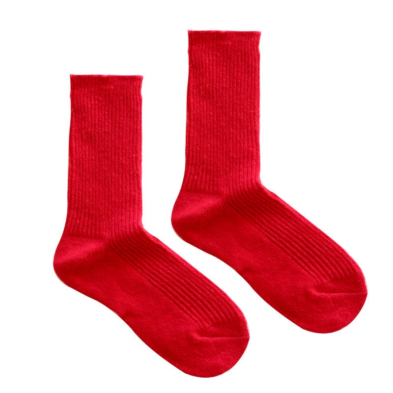 本命年结婚大红坑条麻花纹针织袜子女冬季加绒加厚保暖正红中筒袜
