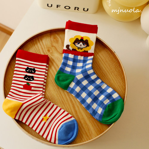 米吉诺拉 春秋无骨可爱猫咪少女巴胺学院风纯棉吸湿透气中筒袜子 - 图1