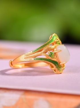 S925银镶嵌和田玉珐琅蛋面戒指珐琅彩绘纯银2025花边复古古法烧蓝