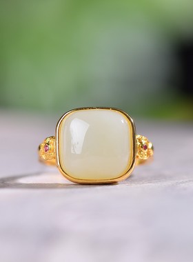 S925银镶和田玉方鼓面配彩锆戒指女款银饰手饰开口指环招财喜庆