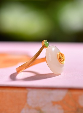 s925银镀金镶嵌新疆和田玉白玉平安扣指环复古气质开口福字女戒指