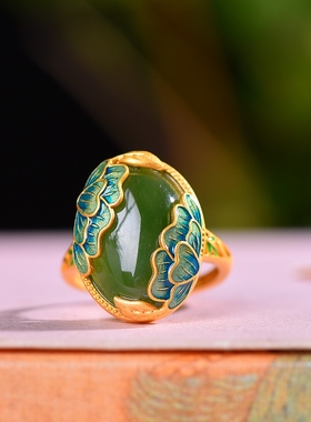 银镶嵌和田玉碧玉蛋面珐琅戒指