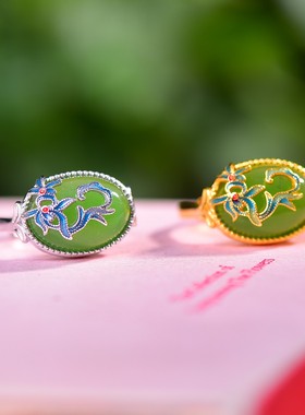 S925银镶嵌和田玉碧玉蛋面珐琅戒指素戒指天然和田玉手饰女款精致