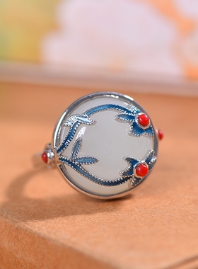 925银镶和田玉珐琅蛋面戒指