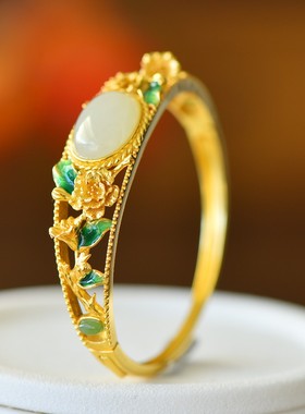 s925纯银镶天然和田玉十二月花神手镯女手环银镯子古风汉服配饰