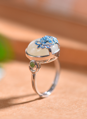 S925银镶嵌和田玉圆蛋面珐琅戒指玉戒指女士精致2025新款开口天然