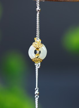 S925银镶嵌和田玉平安环白加绿配锆石手链