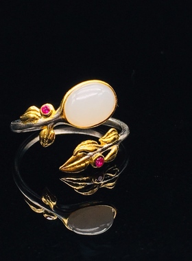 S925银镶和田玉复古蛋面戒指