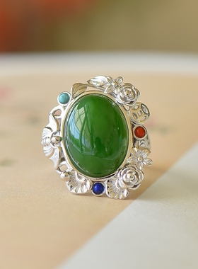 925银镶和田碧玉蛋面戒指老坑和田玉镶嵌和田玉戒指