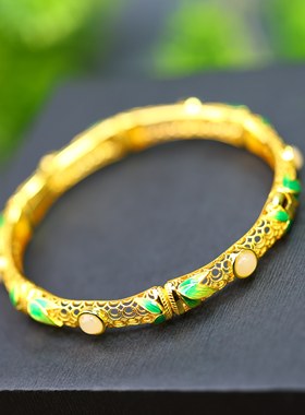 S925银镶嵌和田玉圆鼓面珐琅镂空手镯