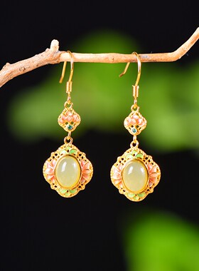 S925银镶和田玉蛋面珐琅配彩锆套装和田玉吊坠新款复古优雅0248