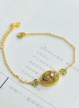 s925银镶和田玉彩蝶双飞手链 珐琅彩配珍珠古风白玉礼物饰品8132