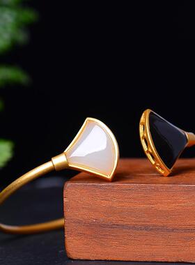 S925银镀18K金镶新疆和田玉裙形宫廷复古汉服配饰手镯女士镯礼品