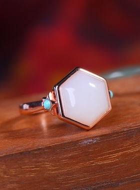 S925银古法银镶嵌和田玉六棱戒指纯天然玉石古风手饰经典款高档