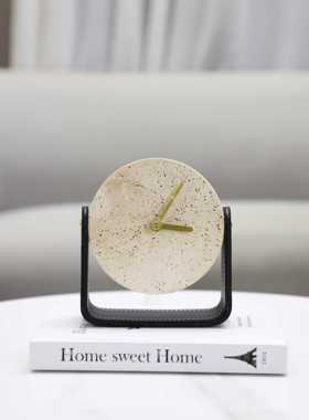 纯天然洞石皮革钟表台式时钟摆件