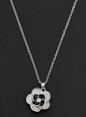 钛钢黑色双层花朵项链耳钉套装