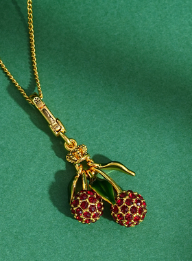 满钻红色樱桃车厘子绿叶吊坠项链
