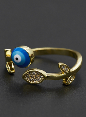 钛钢镶钻树叶蓝眼睛戒指