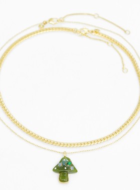 扁链绿色蘑菇吊坠双层项链