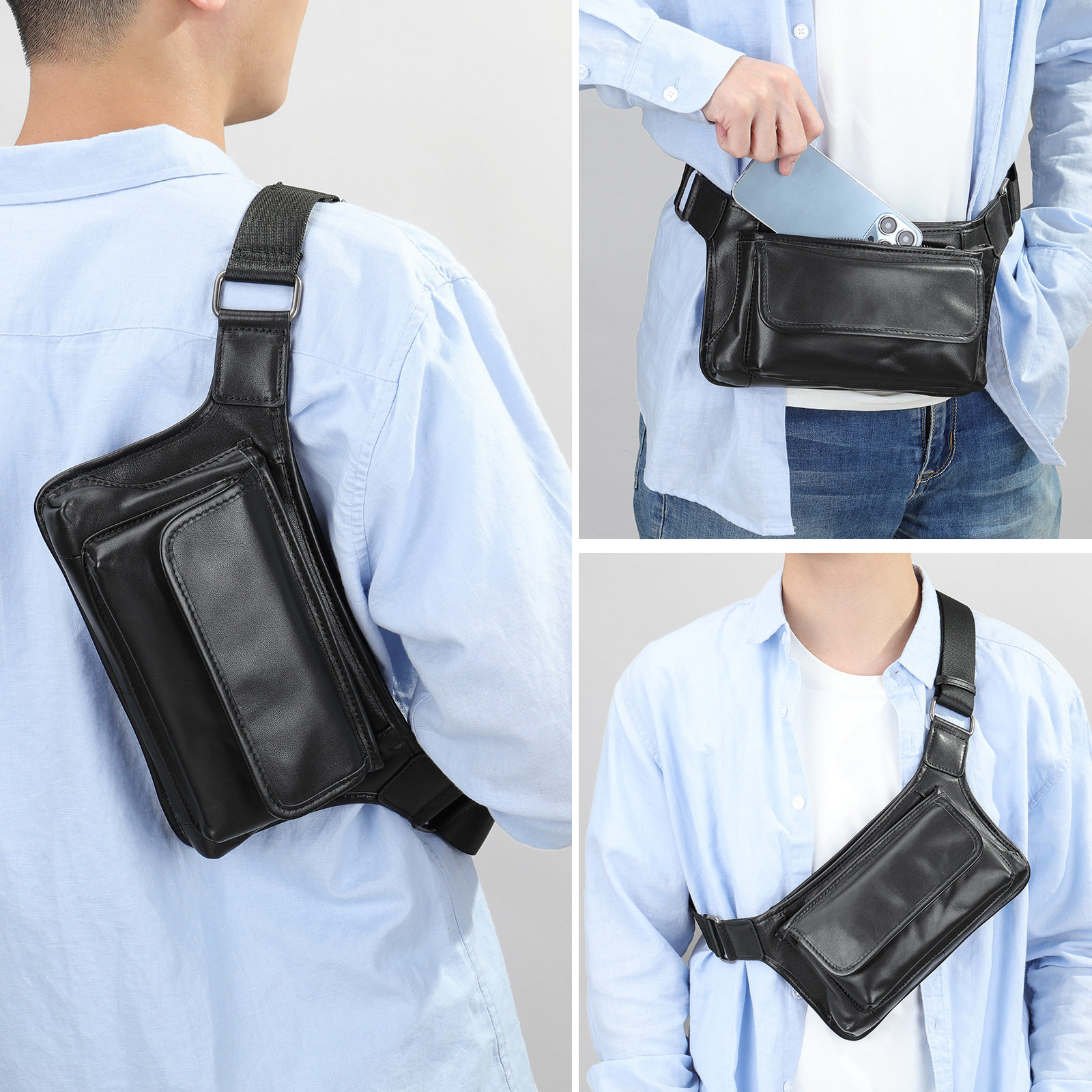 玛轮特新款真皮男士胸包头层牛皮斜挎包纯手工车缝线伸缩提把腰包,淘宝优惠券,粉丝福利购,淘宝优惠卷