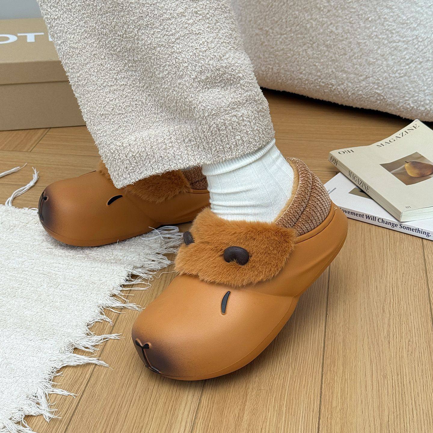 奇丹鞋厂卡皮巴拉棉拖鞋女秋冬季居家室内保暖加绒防滑包跟棉鞋男,淘宝优惠券,粉丝福利购,淘宝优惠卷