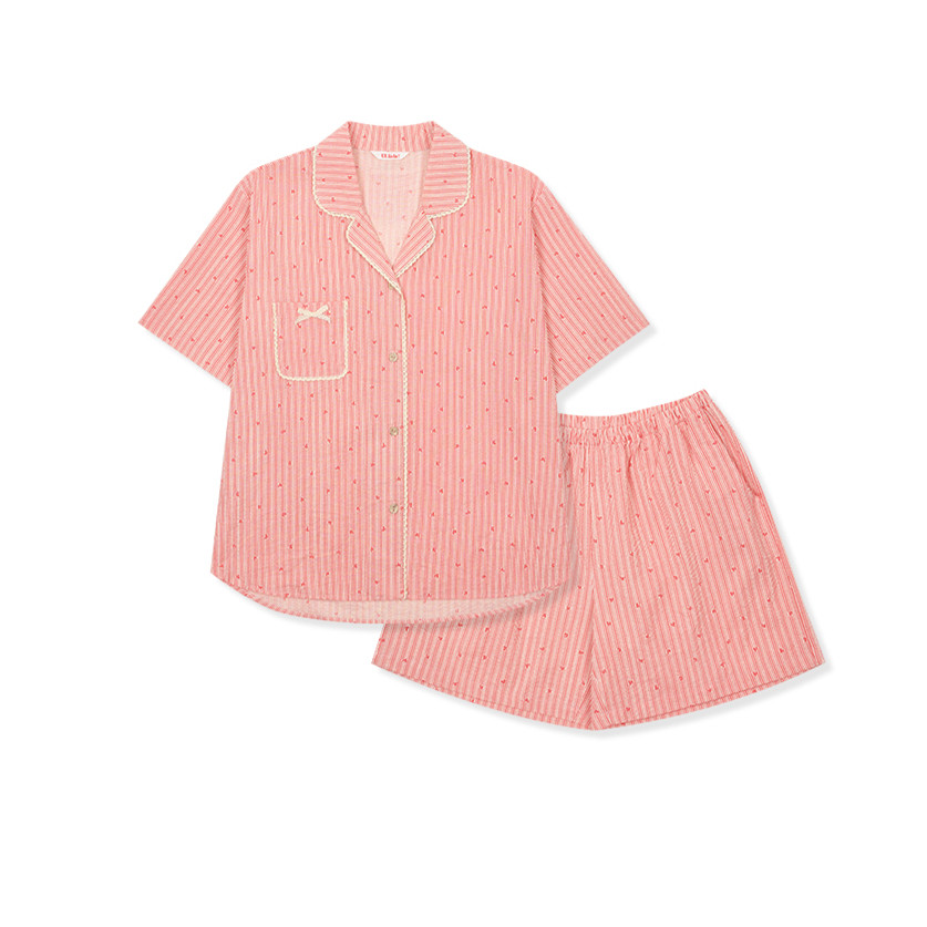 ULLALA韩国乌拉拉睡衣女2025夏季简约条纹爱心印花前扣短袖家居服,淘宝优惠券,粉丝福利购,淘宝优惠卷