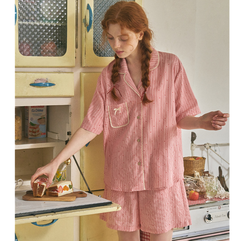 ULLALA韩国乌拉拉睡衣女2025夏季简约条纹爱心印花前扣短袖家居服,淘宝优惠券,粉丝福利购,淘宝优惠卷