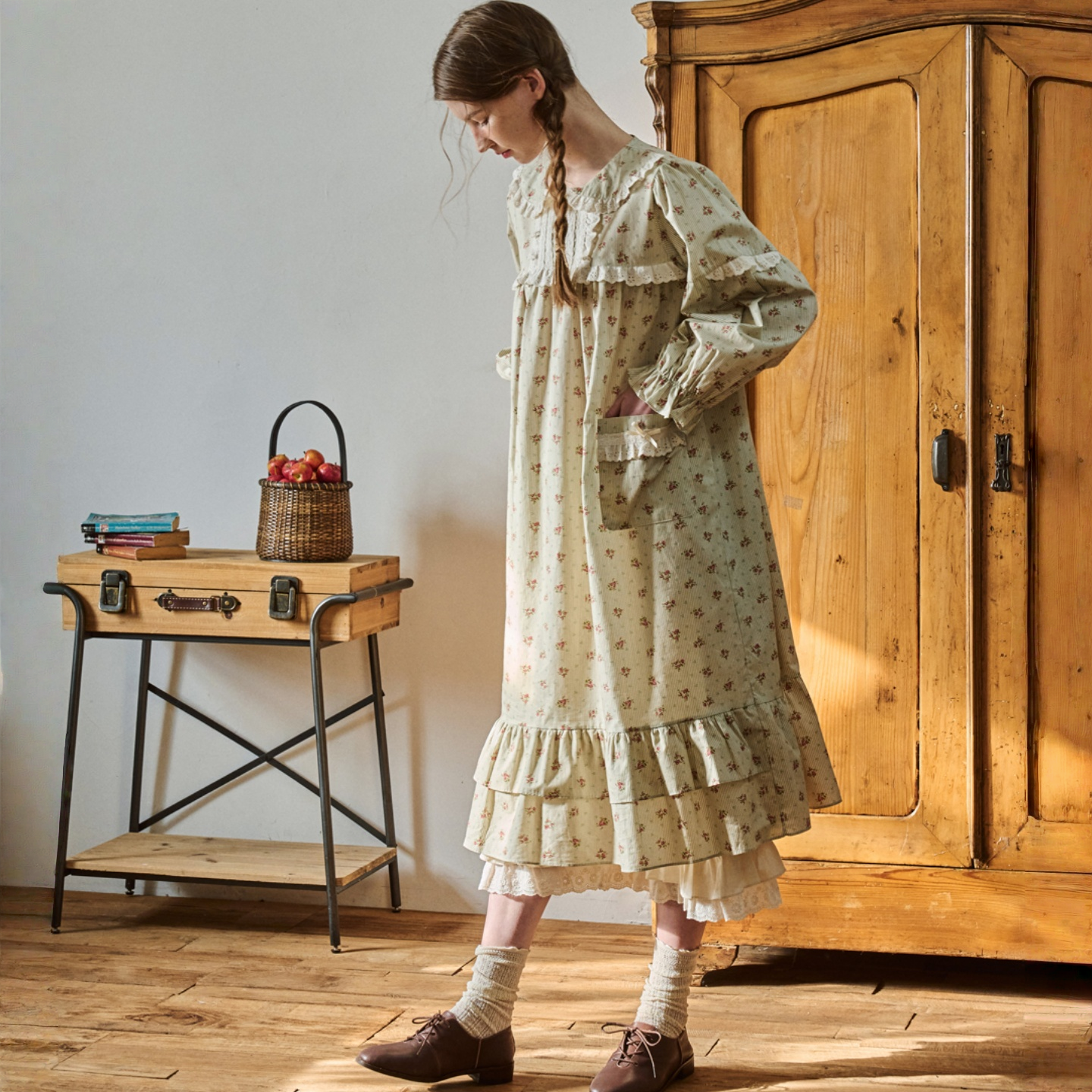 ULLALA韩国乌拉拉睡衣女2026春季甜美蕾丝边碎花娃娃领长袖家居裙,淘宝优惠券,粉丝福利购,淘宝优惠卷