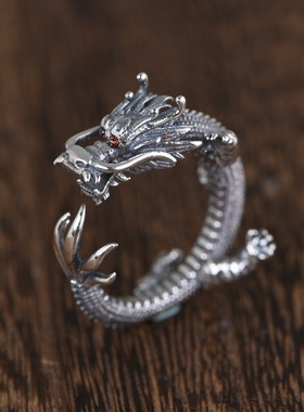 S925纯银霸王龙戒指祥龙手工复古做旧民族风霸气生肖龙开口指环
