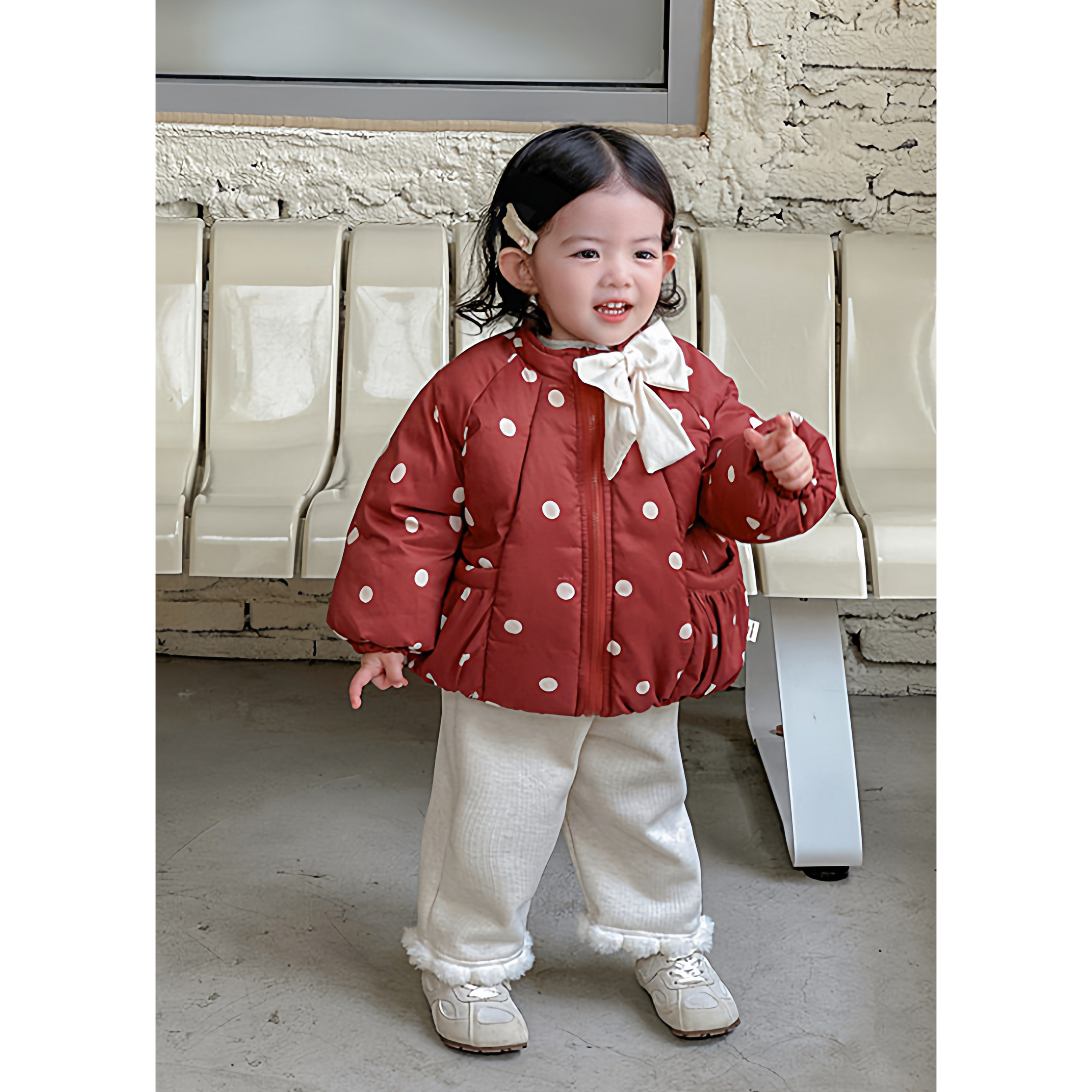 小女孩冬装波点棉服蝴蝶结可爱超萌宝宝外出服加棉外套女童两件套,淘宝优惠券,粉丝福利购,淘宝优惠卷