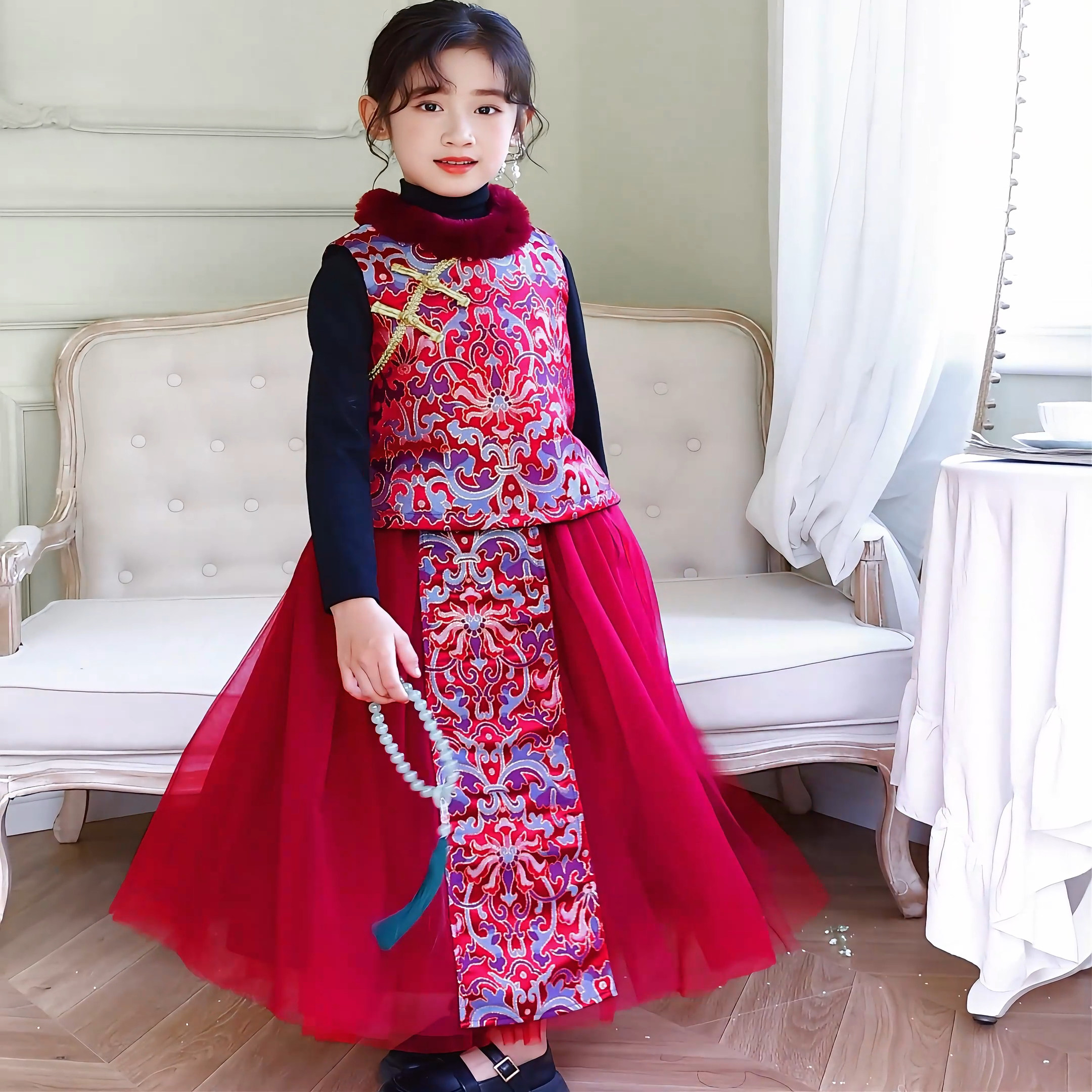 童装女童秋冬新款红色中式绣花马面裙新年衣服马甲背心半身裙套装,淘宝优惠券,粉丝福利购,淘宝优惠卷