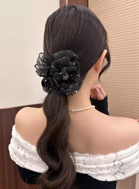 鎏金网纱蝴蝶结泡泡抓夹发饰女高级感优雅花苞盘发鲨鱼夹发夹头饰
