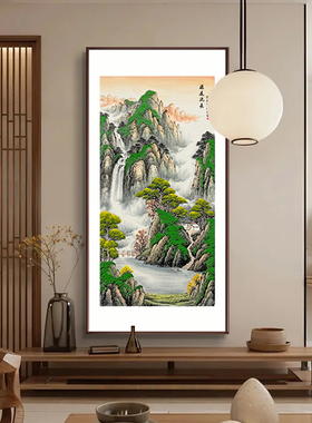 手绘国画水墨画源远流长山水挂画玄关办公室新中式墙面实木框挂画