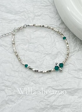 willa洗澡可戴s925纯银四叶草手链祖母绿碎银子手串2026女礼物