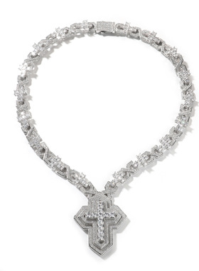 22mm宽嘻哈十字架项链铜镶锆石双色电镀链条吊坠女潮流hiphop饰品