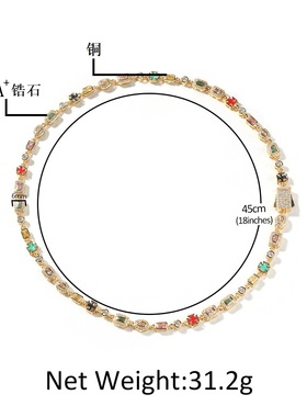 新款6mm彩色宝石手链小众时尚个性铜镶锆石男女同款潮流嘻哈项链