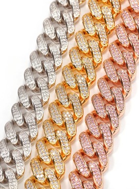 20mm宽嘻哈重工满钻潮古巴链铜镶锆石hiphop手链男士说唱时尚饰品