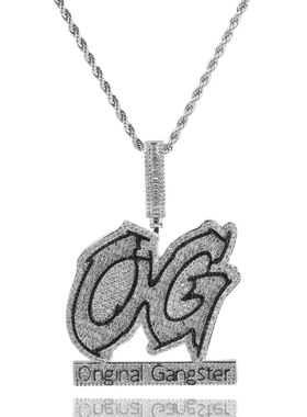 嘻哈铜镶锆石大写OG字母吊坠HipHop元老项坠潮流男女百搭时尚项链