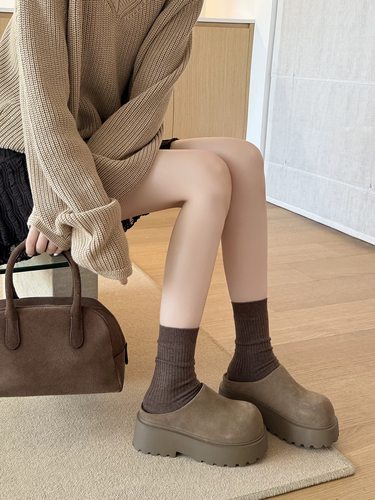 欧洲站2025真皮厚底勃肯鞋百搭休闲鞋加绒包头半拖鞋女鞋6-801 - 图2