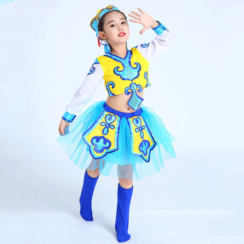 新马蹄哒哒儿童表演服民族蒙族女童筷子舞蹈服幼儿蒙古舞服装纱裙 - 图0