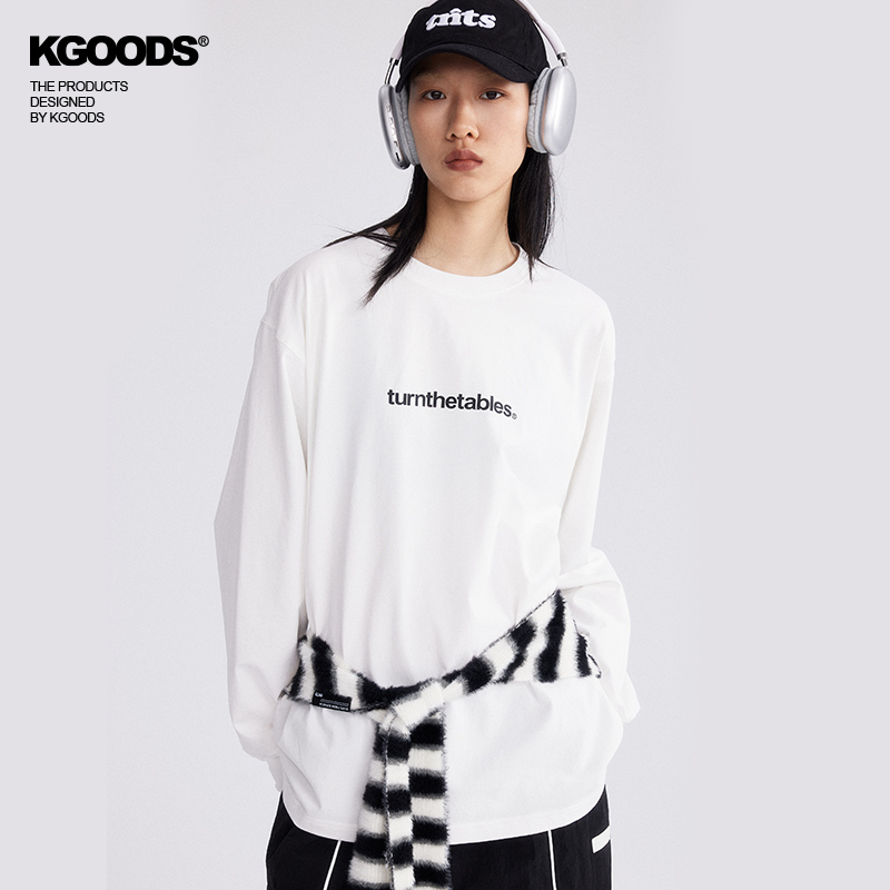 【KGOODS】Turnthetables260G基础标语长袖T恤情侣款纯棉宽松tee-图2