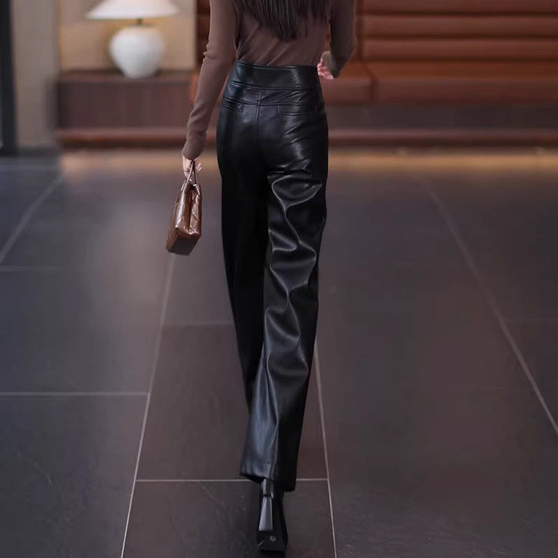 pu皮裤咖色阔腿裤女2025秋冬季新款高腰加绒加厚显瘦宽松直筒裤子,淘宝优惠券,粉丝福利购,淘宝优惠卷