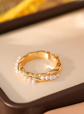 电镀真金小众几何镶钻锆石珍珠戒指女时尚气质百搭开口指环可
